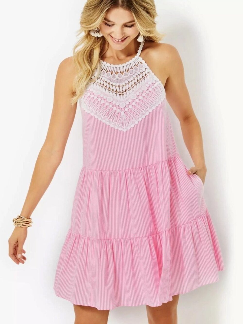 Lilly Pulitzer, NWT,  Size 10, "Britt" Seersucker Striped Halter Dress in Havana